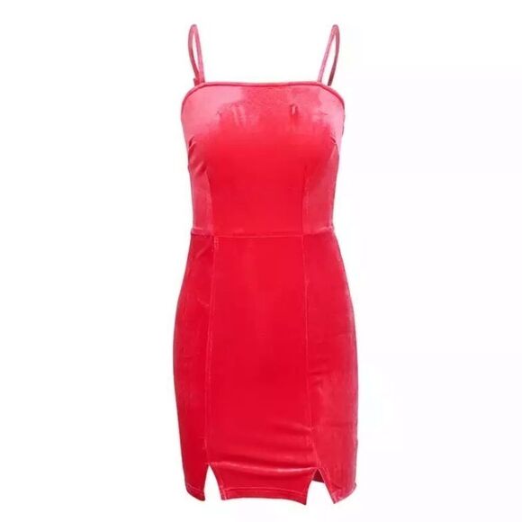 Host Pick! NEW! Red Velvet Split Hem Open Back Mini Dress - Picture 7 of 9